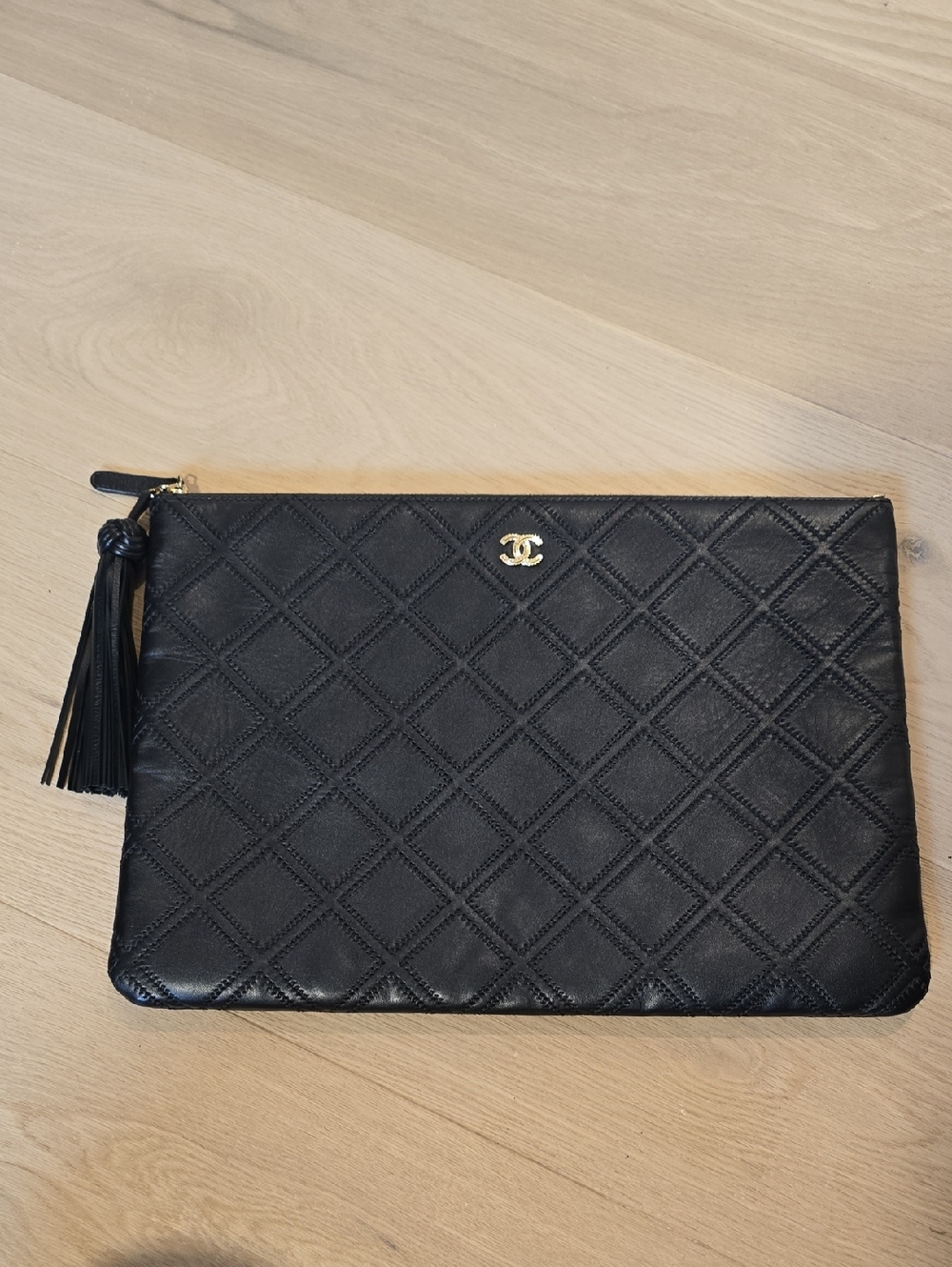 CHANEL Black Quilted Leather Tassel Pouch